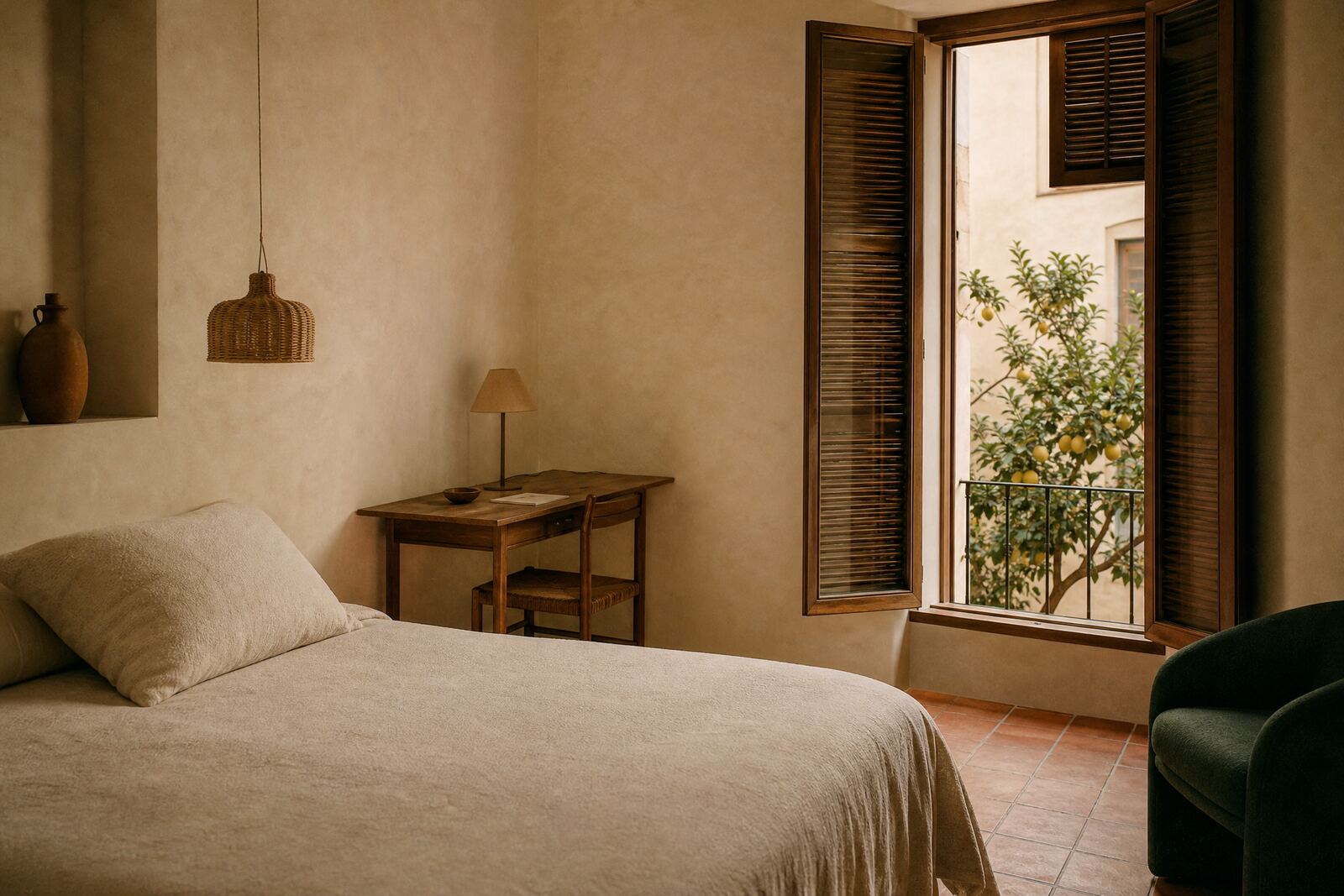 Doble Estándar con cama doble, escritorio de madera y ventana al patio con un limonero