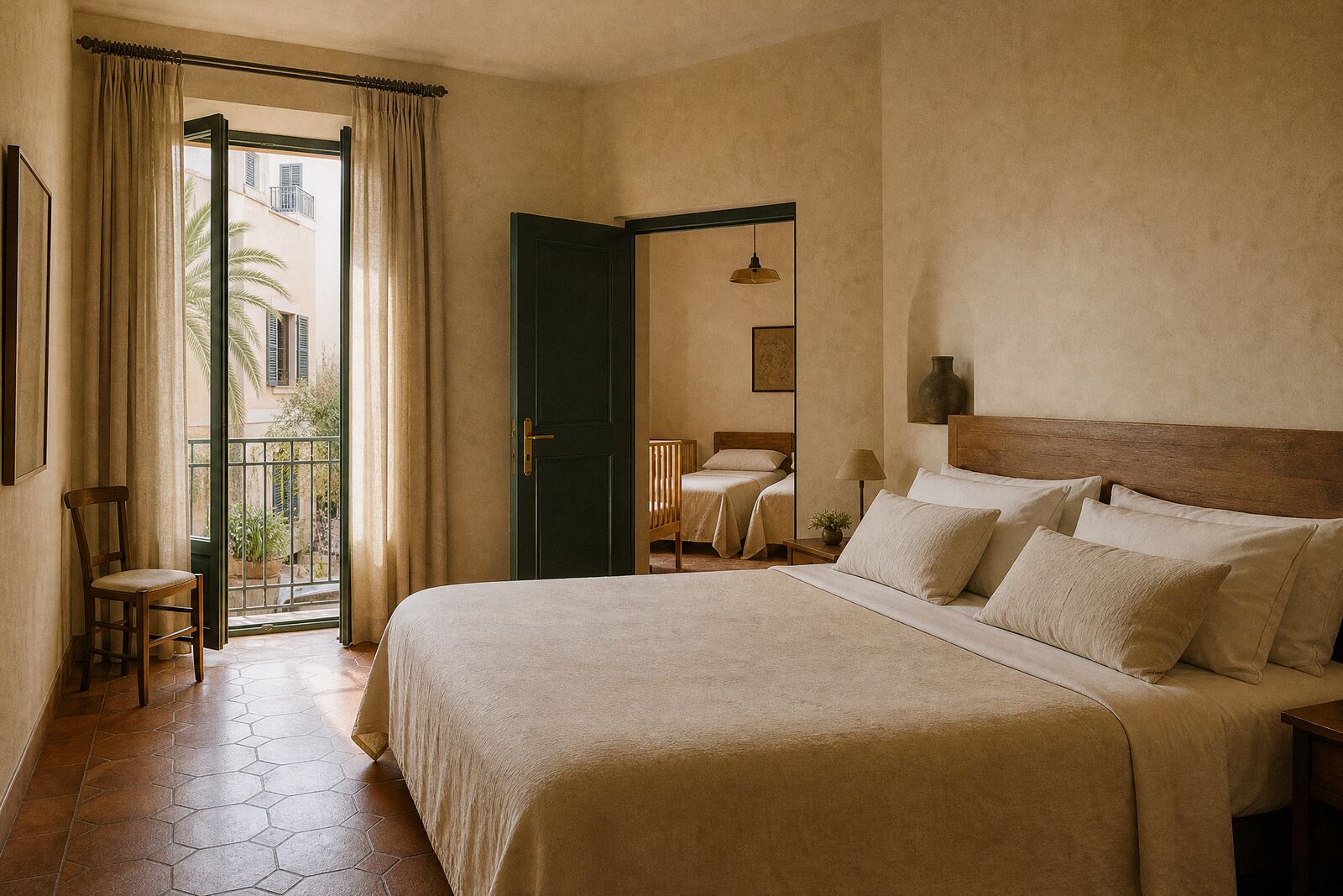 Doble Superior con cama king y puerta al balcón sobre un jardín con palmera