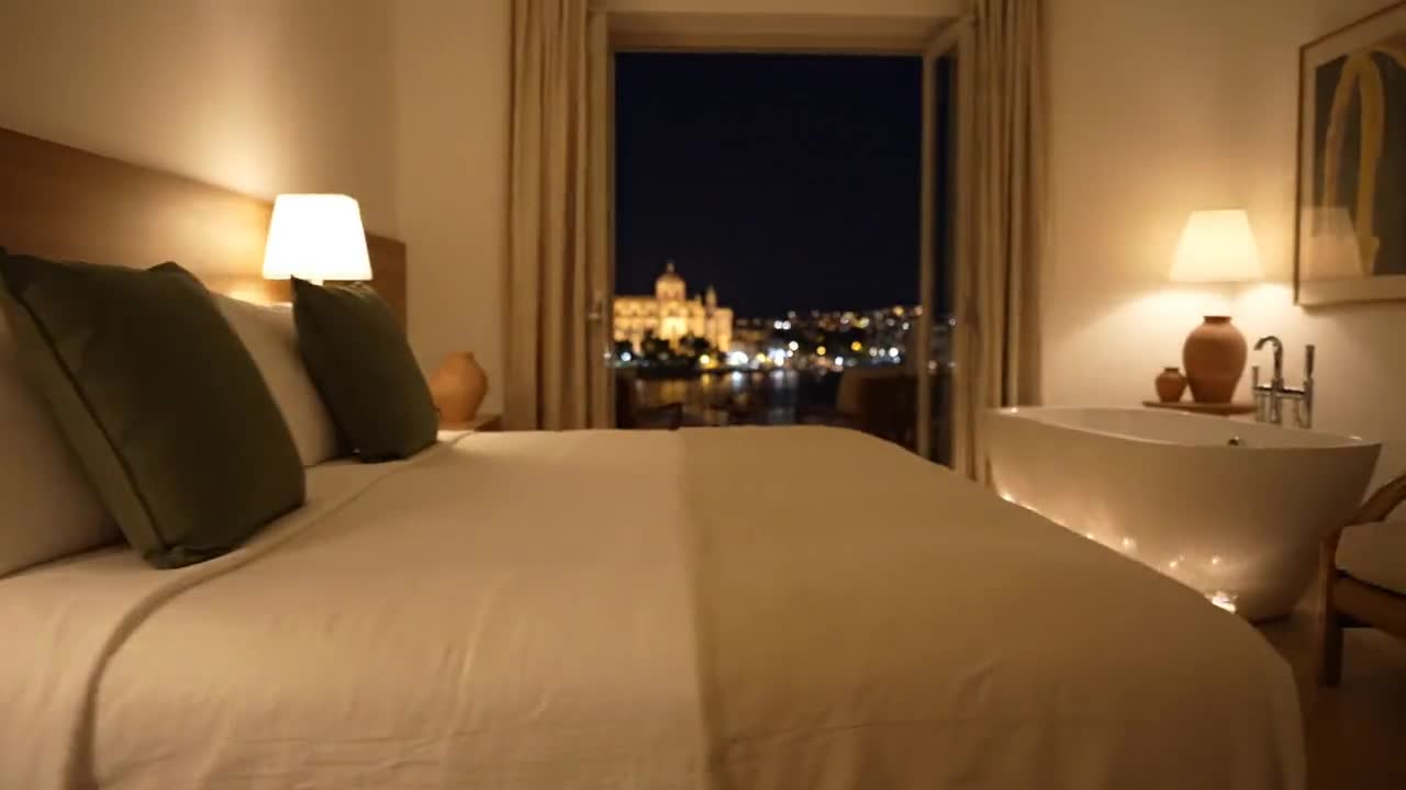 Suite Vista Mar de noche: cama king, bañera exenta y balcón con la bahía iluminada al fondo